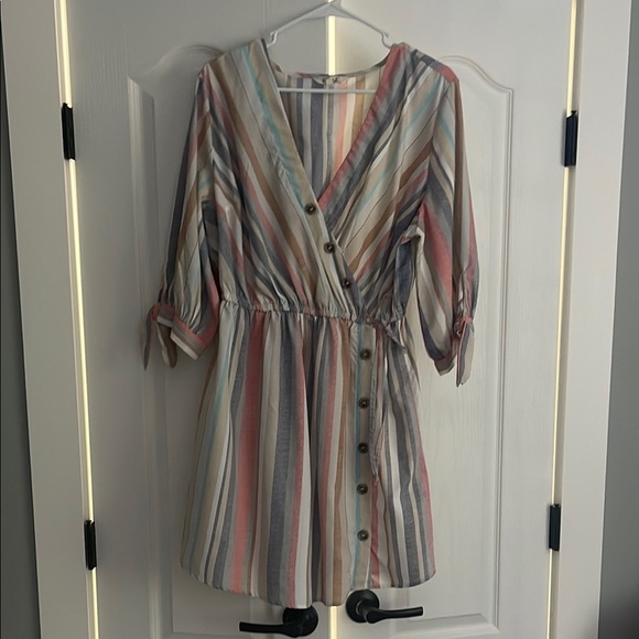 Blush Dresses & Skirts - Blush Tan and Gray Wrap Sundress with Cuffed Sleeves